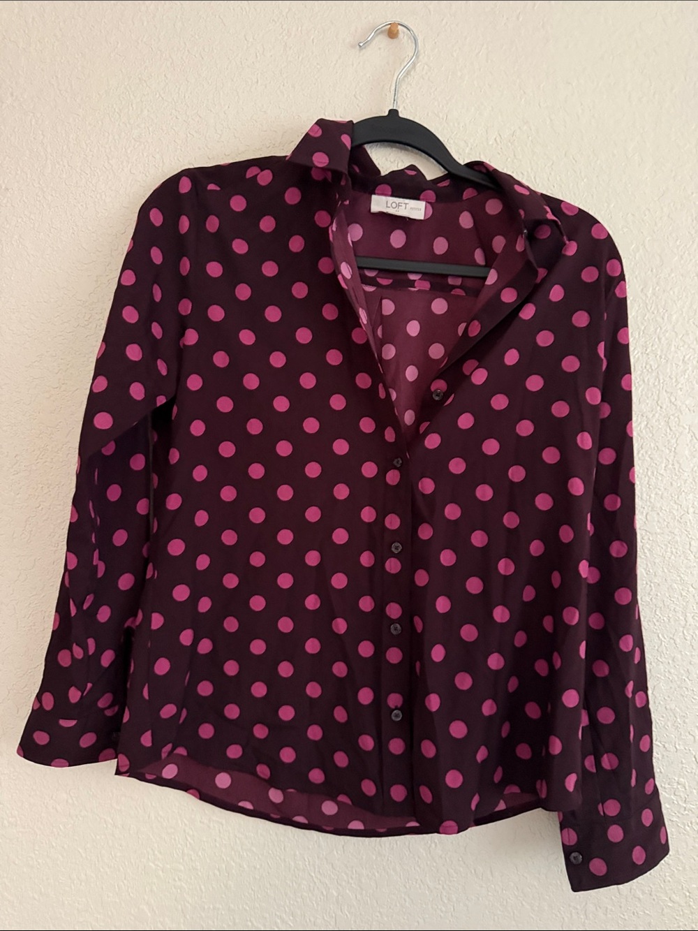 LOFT Burgundy Button-Down Blouse with Pink Polka Dots